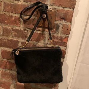 Clare V. Double-Sac Bretelle black leather w/ fur